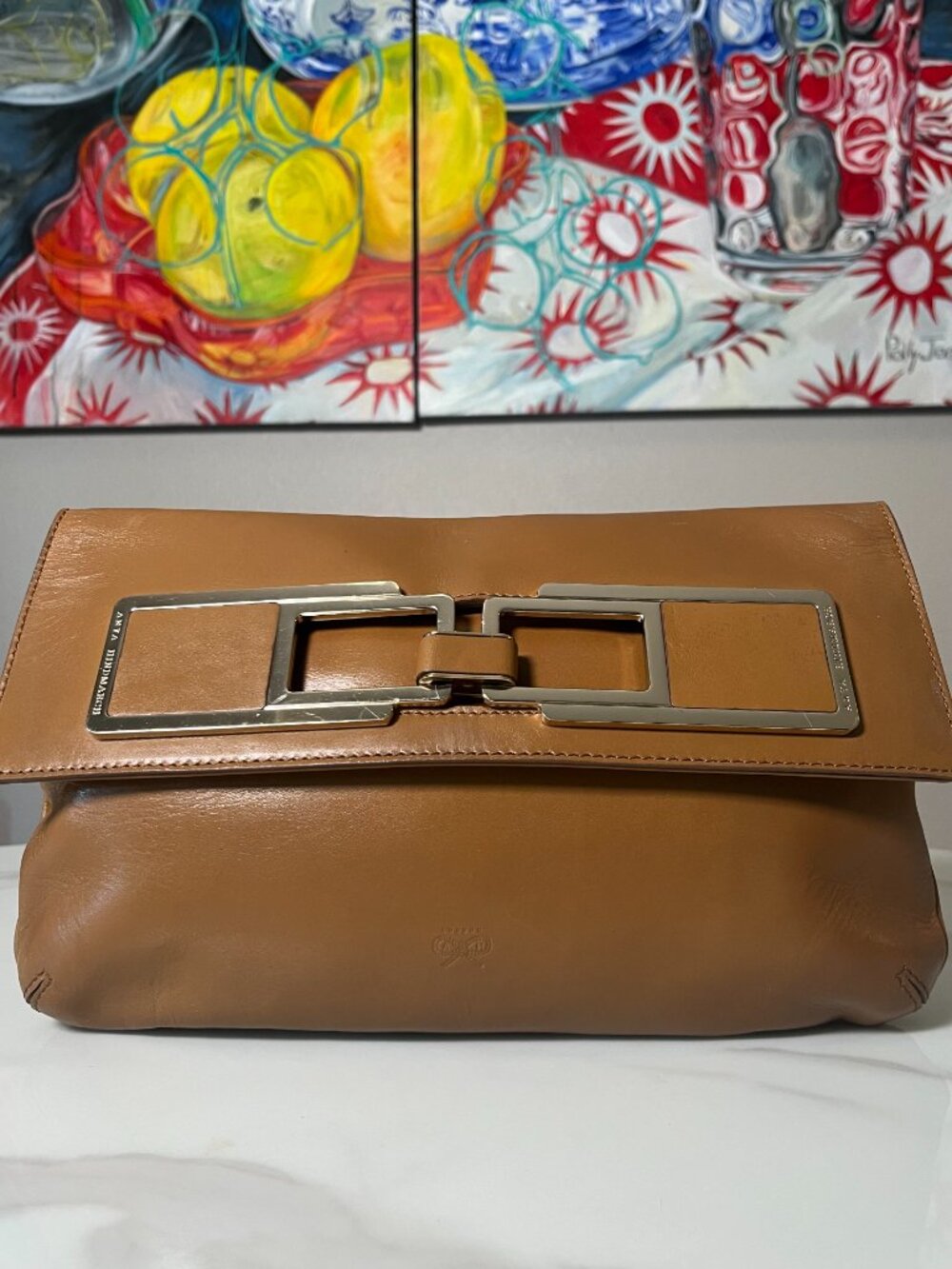Anya Hindmarch Tan Leather Metal Buckle Foldover Clutch